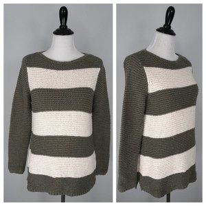 CHICOS Green White Striped Metallic Knit Color Block Sweater Size 1 Medium US 8